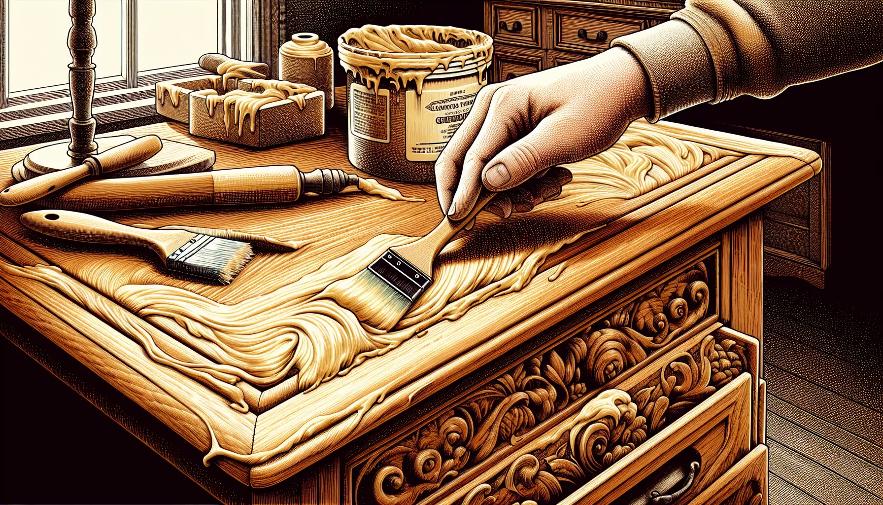 Illustration of applying wood filler to damaged wood furniture