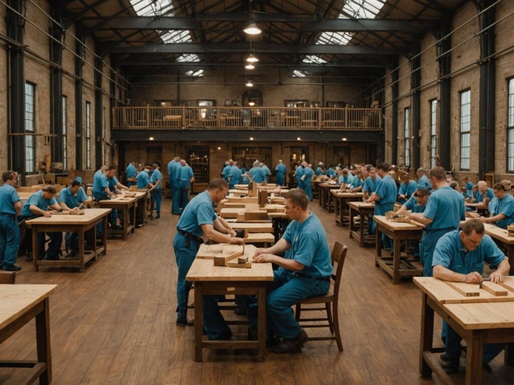 Inmates crafting hardwood flooring in prison factory