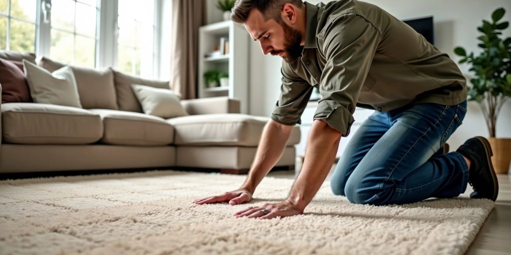 Carpet installer laying beige carpet