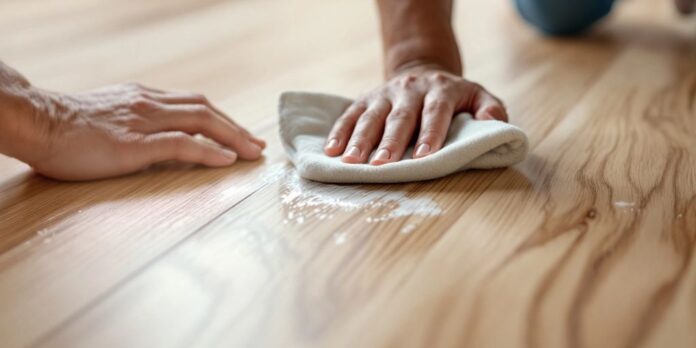 Person cleaning engineered wood floor with cloth.