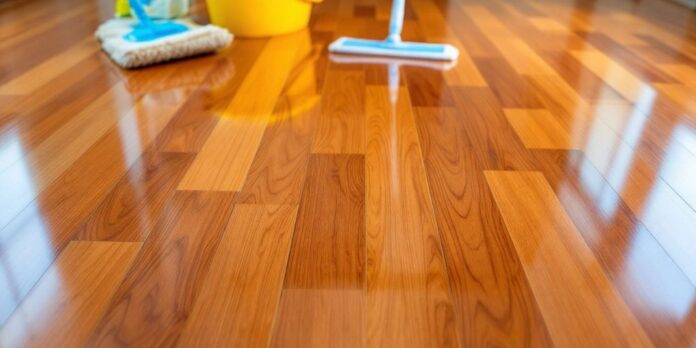 A polished hardwood floor with cleaning tools nearby.