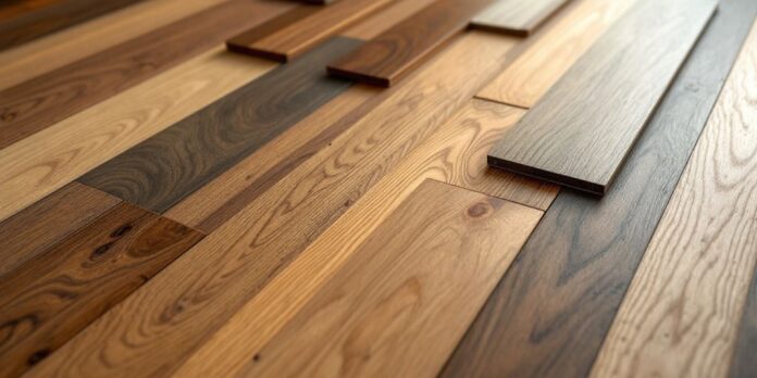 Selection of hardwood flooring samples in various colors.