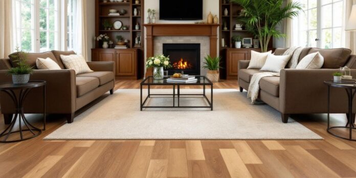 Living room with diverse flooring types and natural light.