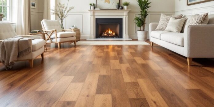 Elegant wood flooring with natural light and cozy decor.