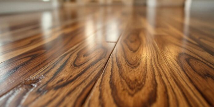 Refinished hardwood floor with rich grain and glossy finish.