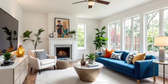 Renovated living room with modern decor and bright colors.